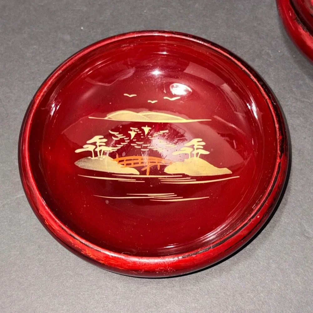 3 Vtg Japanese Lacquerware Salad Bowls Cinnabar Red Gold Chinoiserie Landscape